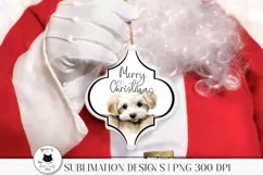 santa holding a christmas arabesque tile with cute maltese dog