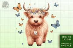 Cute Highland Cow Boho Style Watercolor Png Clip Art Product Image 1