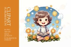 Watercolor Happy Child Sunflowers and Stars Clipart Product Image 1