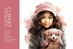 Watercolor cute girl with puppy clipart sublimation Product Image 1