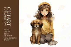 Watercolor cute girl with puppy clipart sublimation Product Image 1