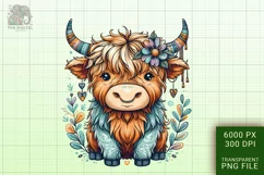 Cute Highland Cow Boho Style Watercolor Png Clip Art Product Image 1
