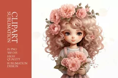 Watercolor cute girl with flower clipart sublimation Product Image 1