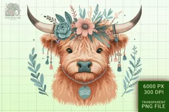 Cute Highland Cow Boho Style Watercolor Png Clip Art Product Image 1