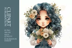 Watercolor cute girl with flower clipart sublimation Product Image 1