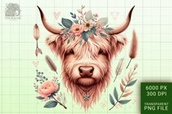 Cute Highland Cow Boho Style Watercolor Png Clip Art Product Image 1