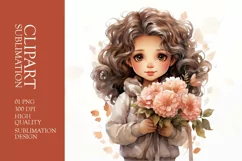 Watercolor cute girl with flower clipart sublimation Product Image 1