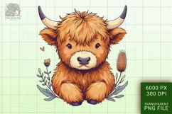 Cute Highland Cow Boho Style Watercolor Png Clip Art Product Image 1