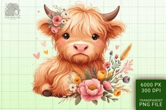 Cute Highland Cow Boho Style Watercolor Png Clip Art Product Image 1