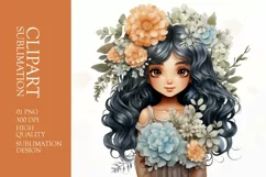 Watercolor cute girl with flower clipart sublimation Product Image 1