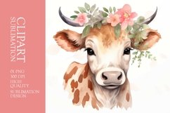 Floral cow head watercolor clipart sublimation Product Image 1