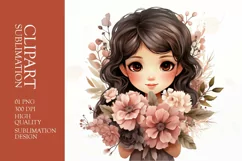 Watercolor cute girl with flower clipart sublimation Product Image 1