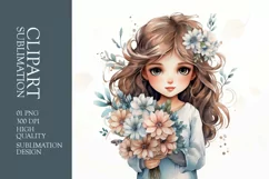 Watercolor cute girl with flower clipart sublimation Product Image 1