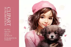 Watercolor cute girl with puppy clipart sublimation Product Image 1