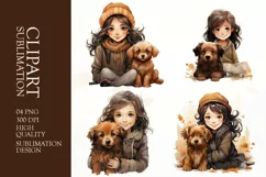 Watercolor cute girl with puppy clipart sublimation Product Image 1