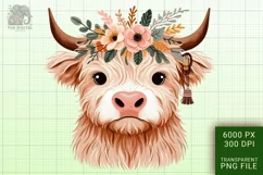 Cute Highland Cow Boho Style Watercolor Png Clip Art Product Image 1
