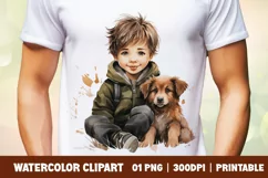 Watercolor cute boy with puppy clipart sublimation Product Image 1