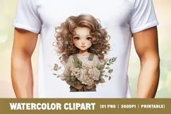 Watercolor cute girl with flower clipart sublimation Product Image 2