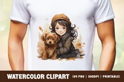 Watercolor cute girl with puppy clipart sublimation Product Image 2