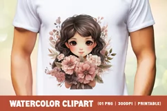 Watercolor cute girl with flower clipart sublimation Product Image 2