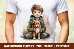 Watercolor cute boy with puppy clipart sublimation Product Image 1