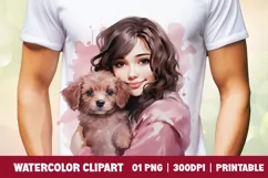 Watercolor cute girl with puppy clipart sublimation Product Image 1
