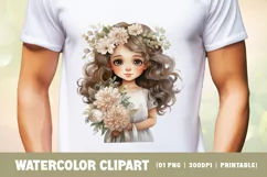Watercolor cute girl with flower clipart sublimation Product Image 2