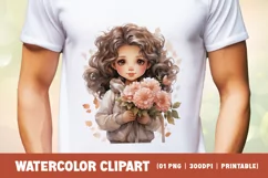 Watercolor cute girl with flower clipart sublimation Product Image 2