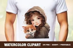 Watercolor cute girl with cat clipart sublimation Product Image 2