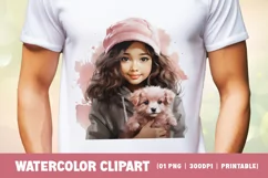 Watercolor cute girl with puppy clipart sublimation Product Image 2