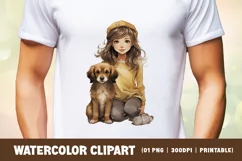 Watercolor cute girl with puppy clipart sublimation Product Image 2