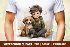 Watercolor cute boy with puppy clipart sublimation Product Image 1