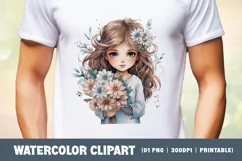 Watercolor cute girl with flower clipart sublimation Product Image 2
