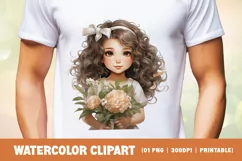 Watercolor cute girl with flower clipart sublimation Product Image 2