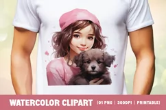 Watercolor cute girl with puppy clipart sublimation Product Image 2
