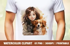 Watercolor cute girl with puppy clipart sublimation Product Image 1