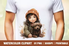 Watercolor cute girl with puppy clipart sublimation Product Image 1
