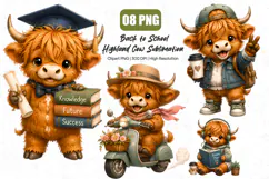 Back to School Highland Cow Clipart PNG, Cute Graduation PNG Product Image 1
