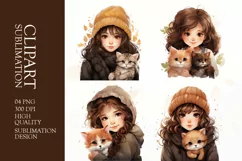 Watercolor cute girl with cat clipart sublimation Product Image 1