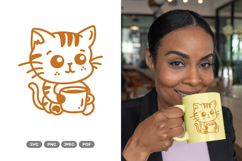 Kawaii Cat Drinking Coffee - Kawaii and Cute Cut File Product Image 1