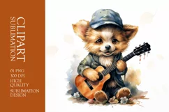 Watercolor cute puppy Dog Playing Guitar Clipart Product Image 1