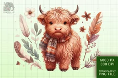 Cute Highland Cow Boho Style Watercolor Png Clip Art Product Image 1