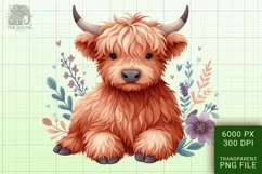 Cute Highland Cow Boho Style Watercolor Png Clip Art Product Image 1