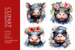 Patriotic hippo 4th of July Watercolor clipart Product Image 1