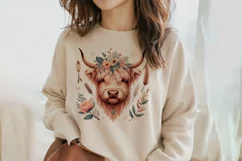 Cute Highland Cow Boho Style Watercolor Png Clip Art Product Image 2