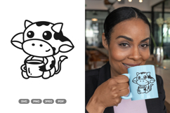 Kawaii Cow Drinking Coffee - Kawaii and Cute Cut File Product Image 1