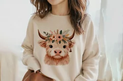 Cute Highland Cow Boho Style Watercolor Png Clip Art Product Image 2