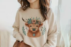 Cute Highland Cow Boho Style Watercolor Png Clip Art Product Image 2