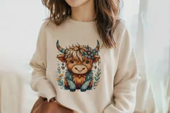 Cute Highland Cow Boho Style Watercolor Png Clip Art Product Image 2