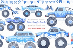 Blue Monster Trucks PNG Watercolor Clipart Set Product Image 1